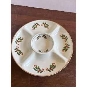 CHRISTMAS HOLLY Fine Porcelain Japan Dip Appetizer 11" Platter EUC